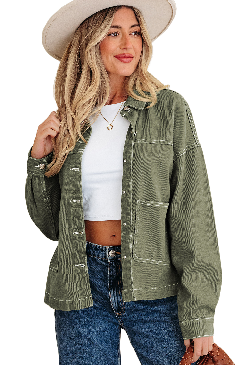 Smoke Green Patched Pocket Collared Button Front Boyfriend Denim Jacket view 22
