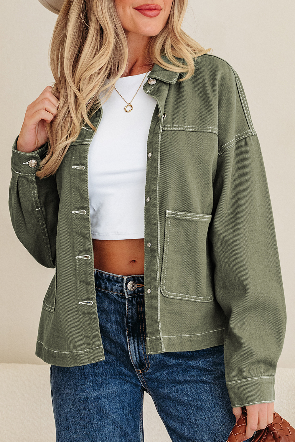 Smoke Green Patched Pocket Collared Button Front Boyfriend Denim Jacket view 5