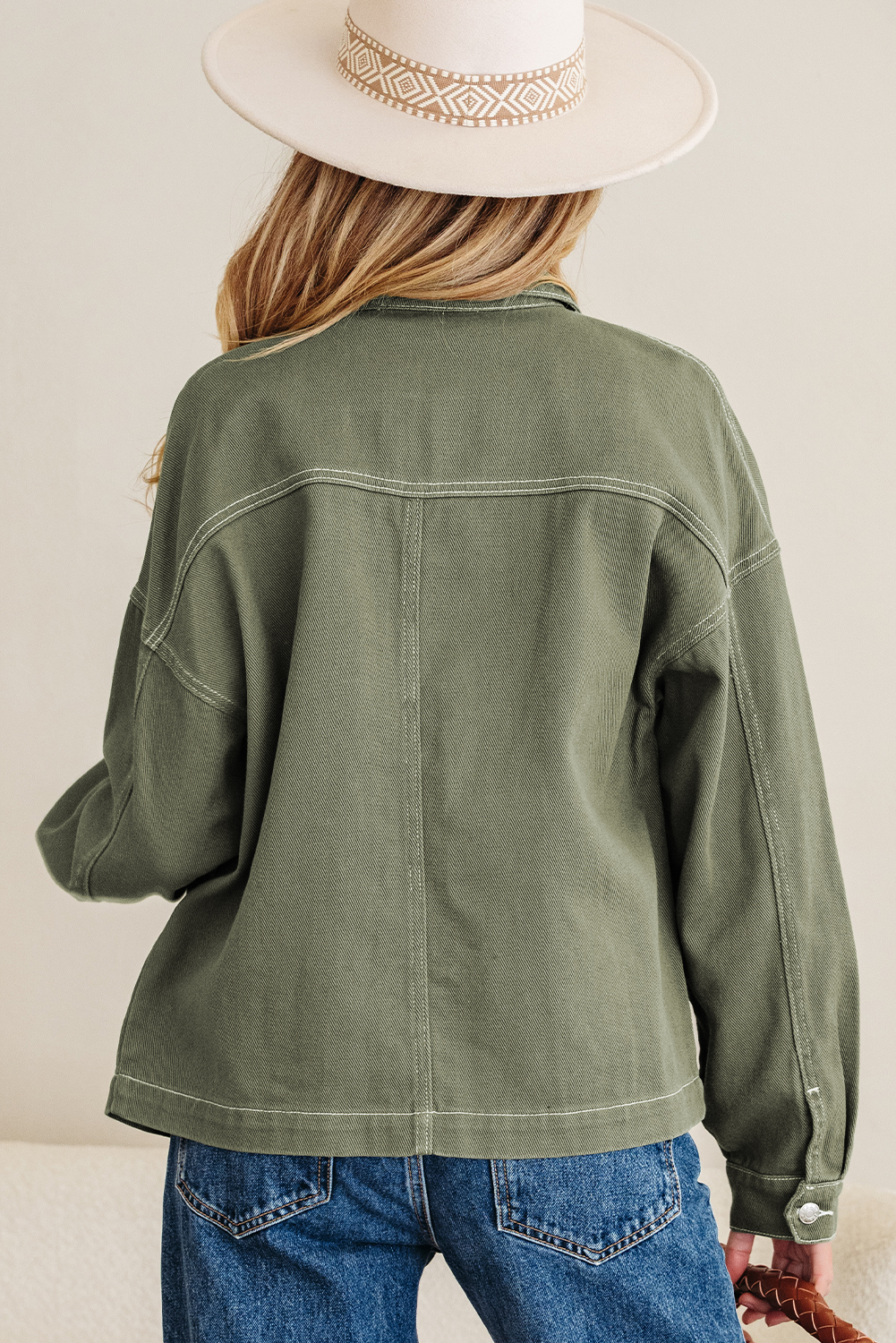Smoke Green Patched Pocket Collared Button Front Boyfriend Denim Jacket view 2