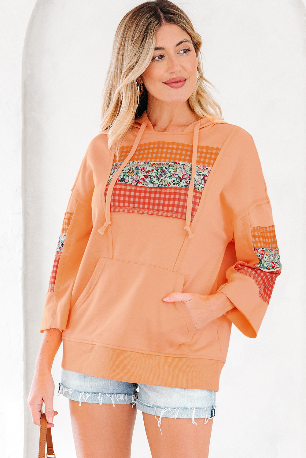 Grapefruit Orange Plaid Floral Patchwork Kangaroo Pocket Hooded Long Sleeve Top view 7