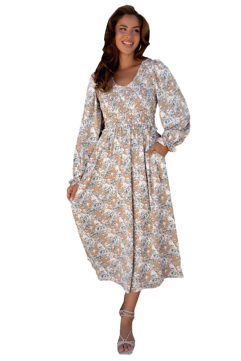 Khaki Maple Grove Floral Smocked Puff Sleeve Long Dress view 23