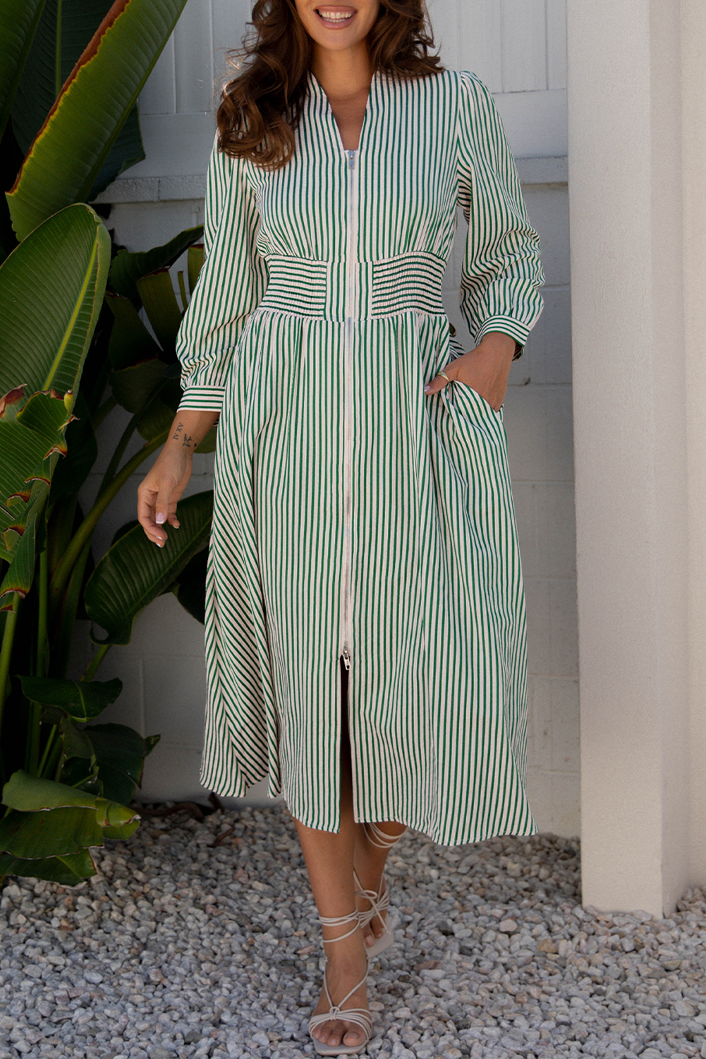 Green Stripe V Neck Zip Front Cinched High Waist Midi Dress view 7