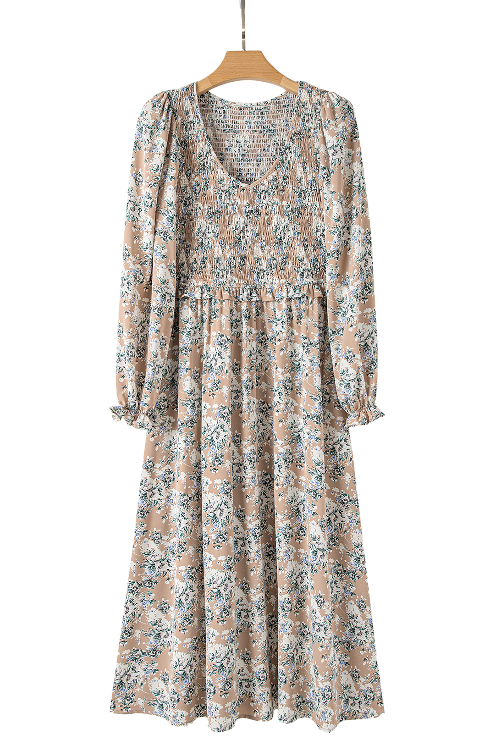 Khaki Maple Grove Floral Smocked Puff Sleeve Long Dress view 24