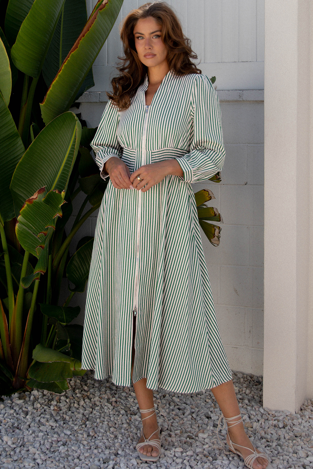 Green Stripe V Neck Zip Front Cinched High Waist Midi Dress view 6