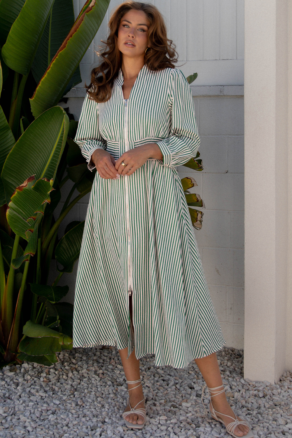 Green Stripe V Neck Zip Front Cinched High Waist Midi Dress view 5