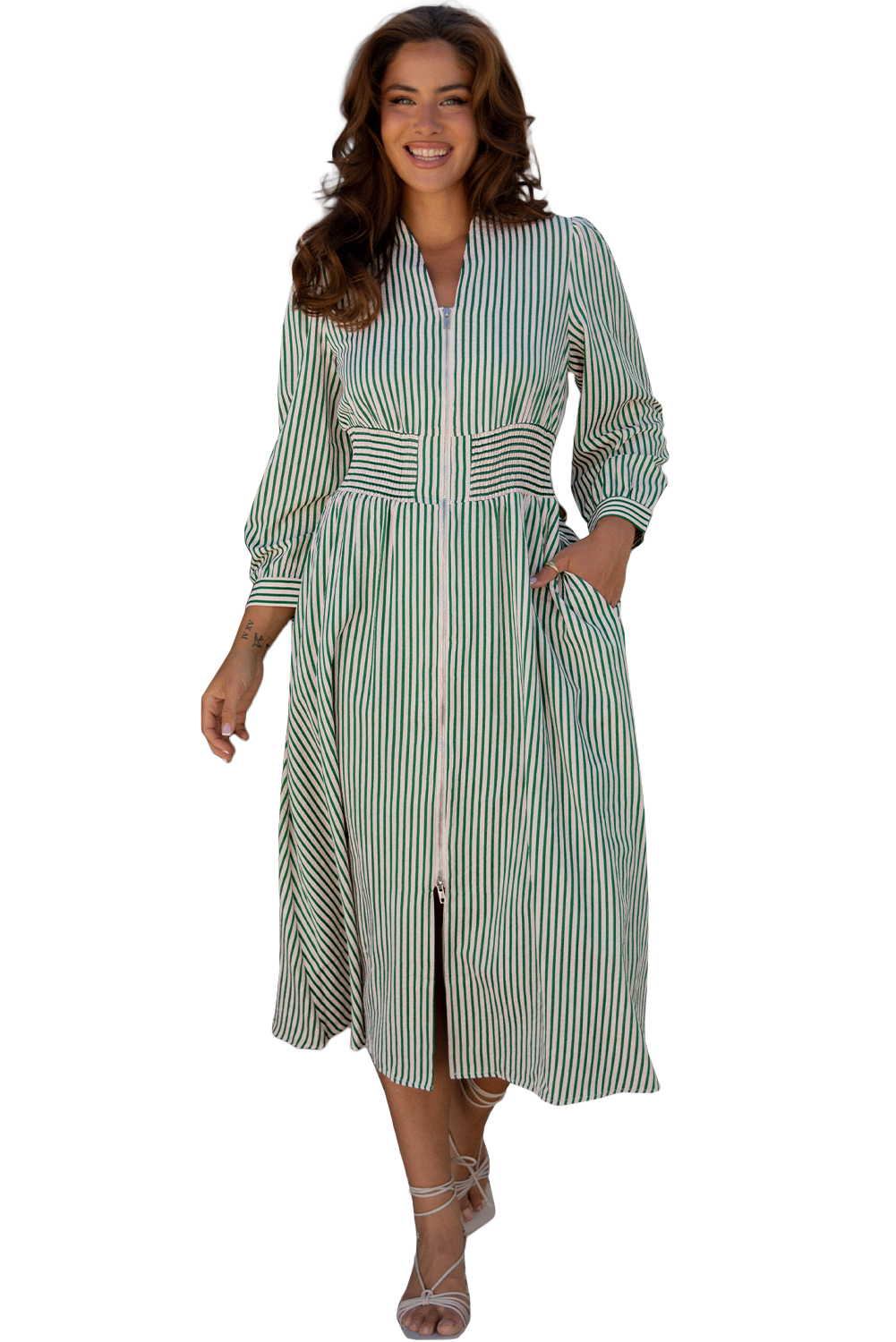 Green Stripe V Neck Zip Front Cinched High Waist Midi Dress view 17