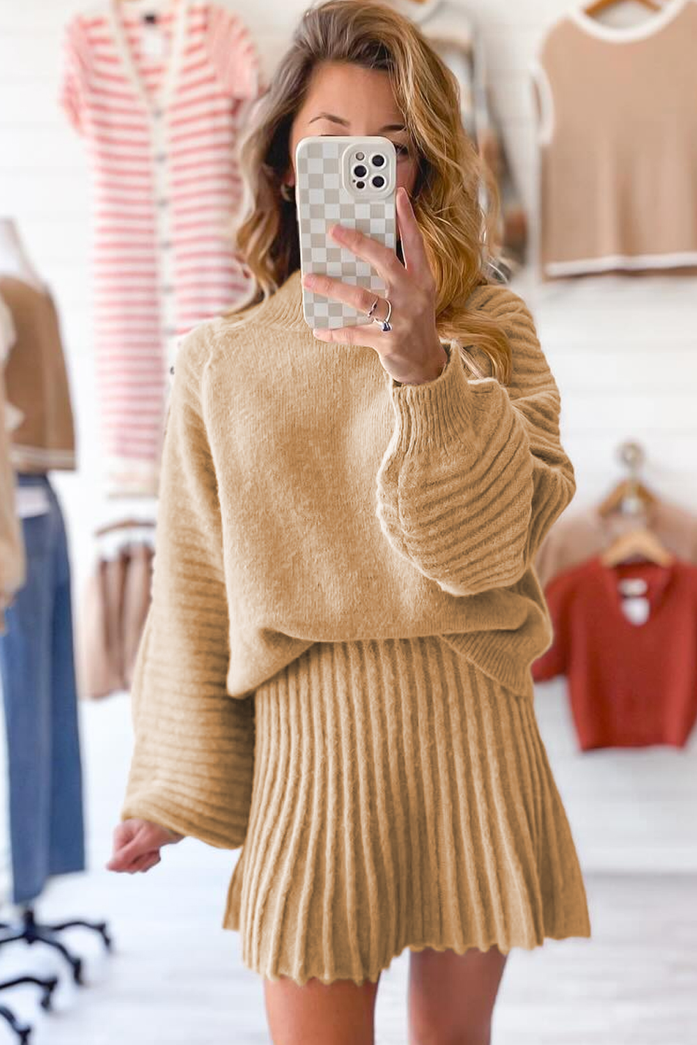 Smoke Gray High Neck Puff Sleeve Sweater Pleated Mini Skirt 2pcs Knitted Outfit view 10