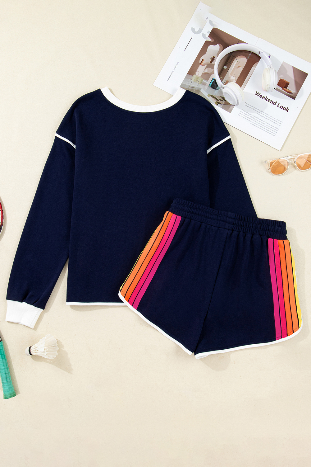 Bluing Colorful Striped Accent Varsity Long Sleeve Pullover and Shorts Matching Set view 11