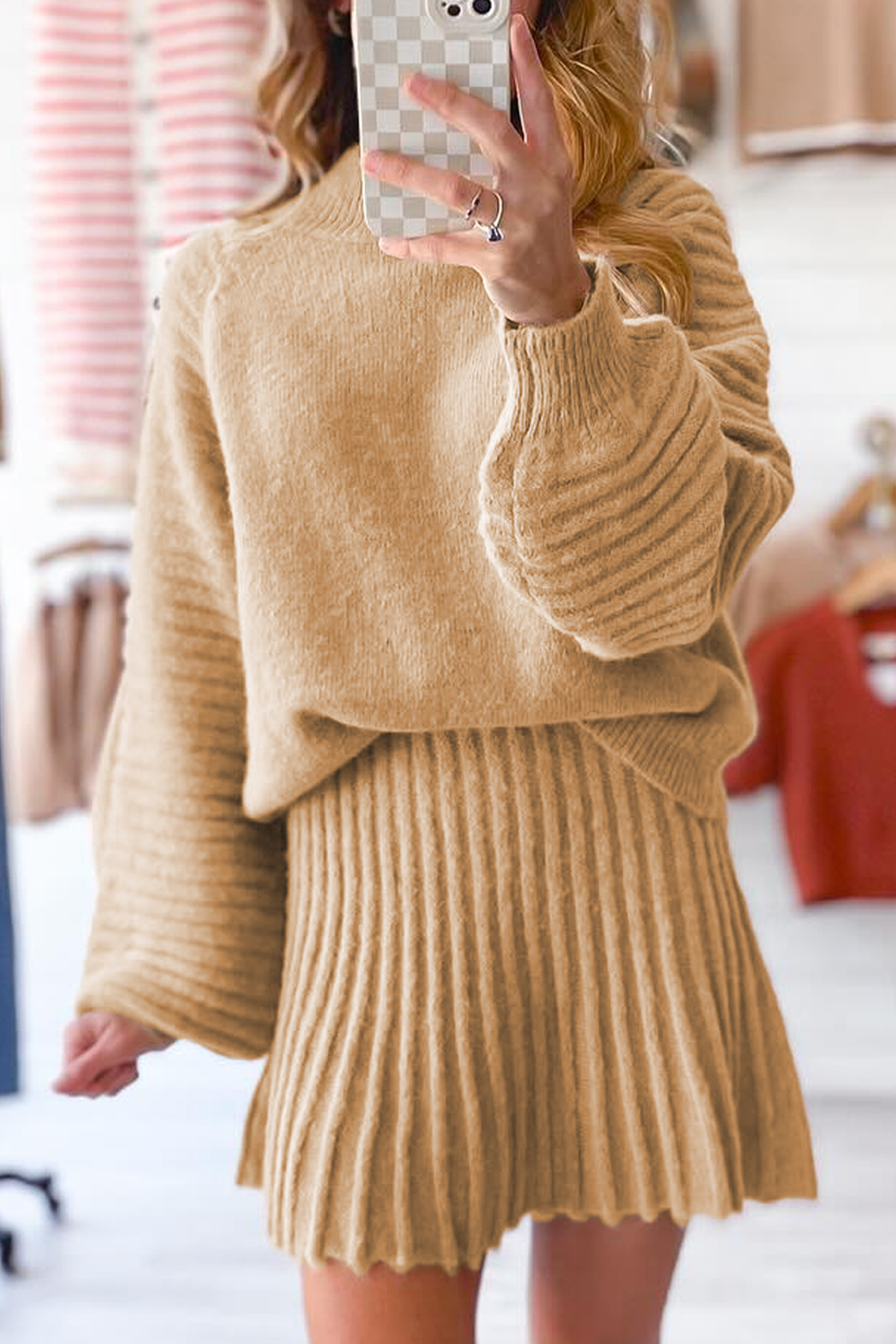 Smoke Gray High Neck Puff Sleeve Sweater Pleated Mini Skirt 2pcs Knitted Outfit view 9