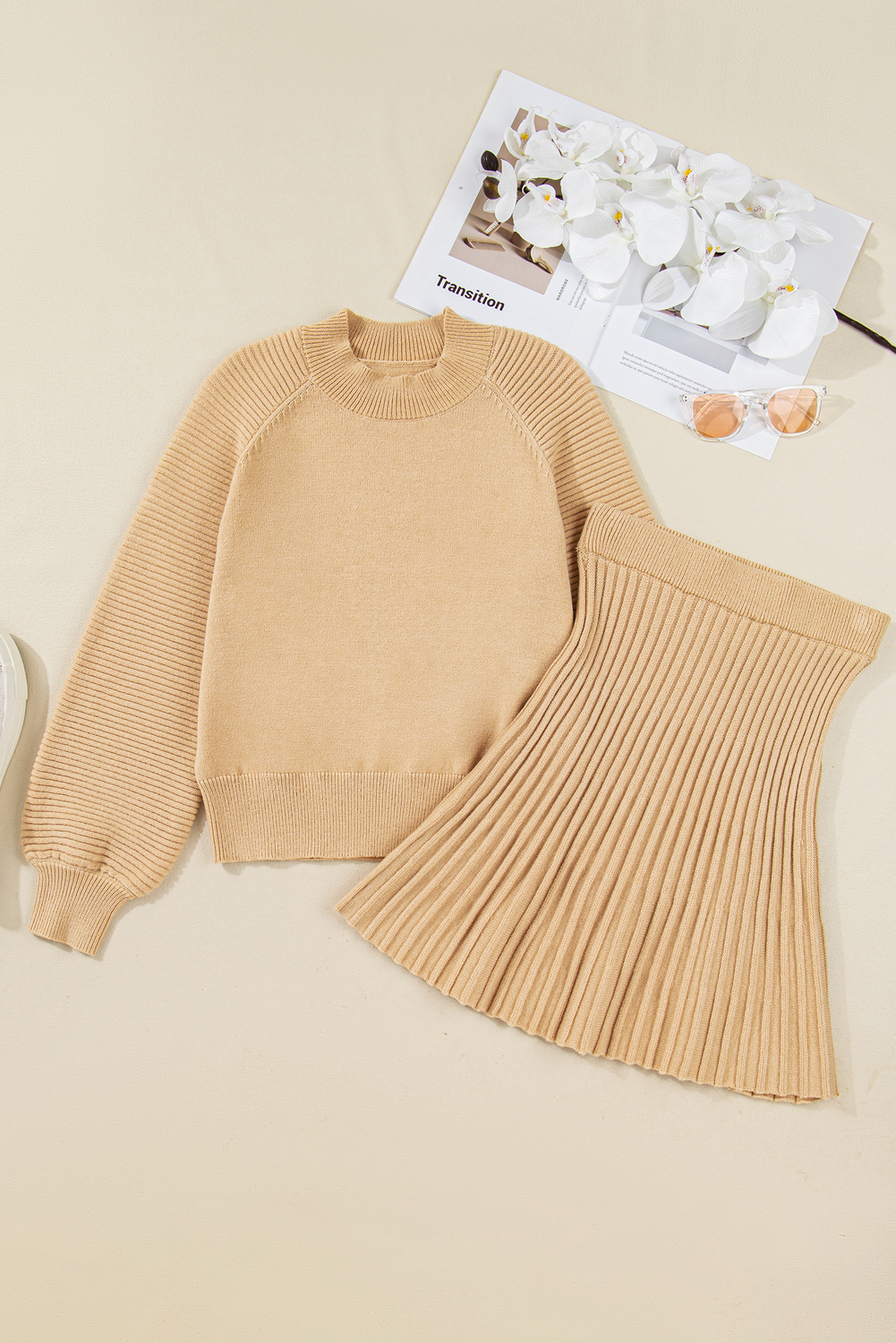 Smoke Gray High Neck Puff Sleeve Sweater Pleated Mini Skirt 2pcs Knitted Outfit view 11