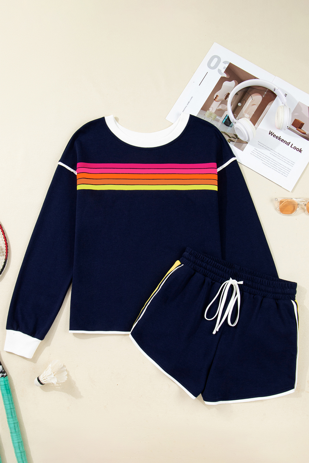 Bluing Colorful Striped Accent Varsity Long Sleeve Pullover and Shorts Matching Set view 10