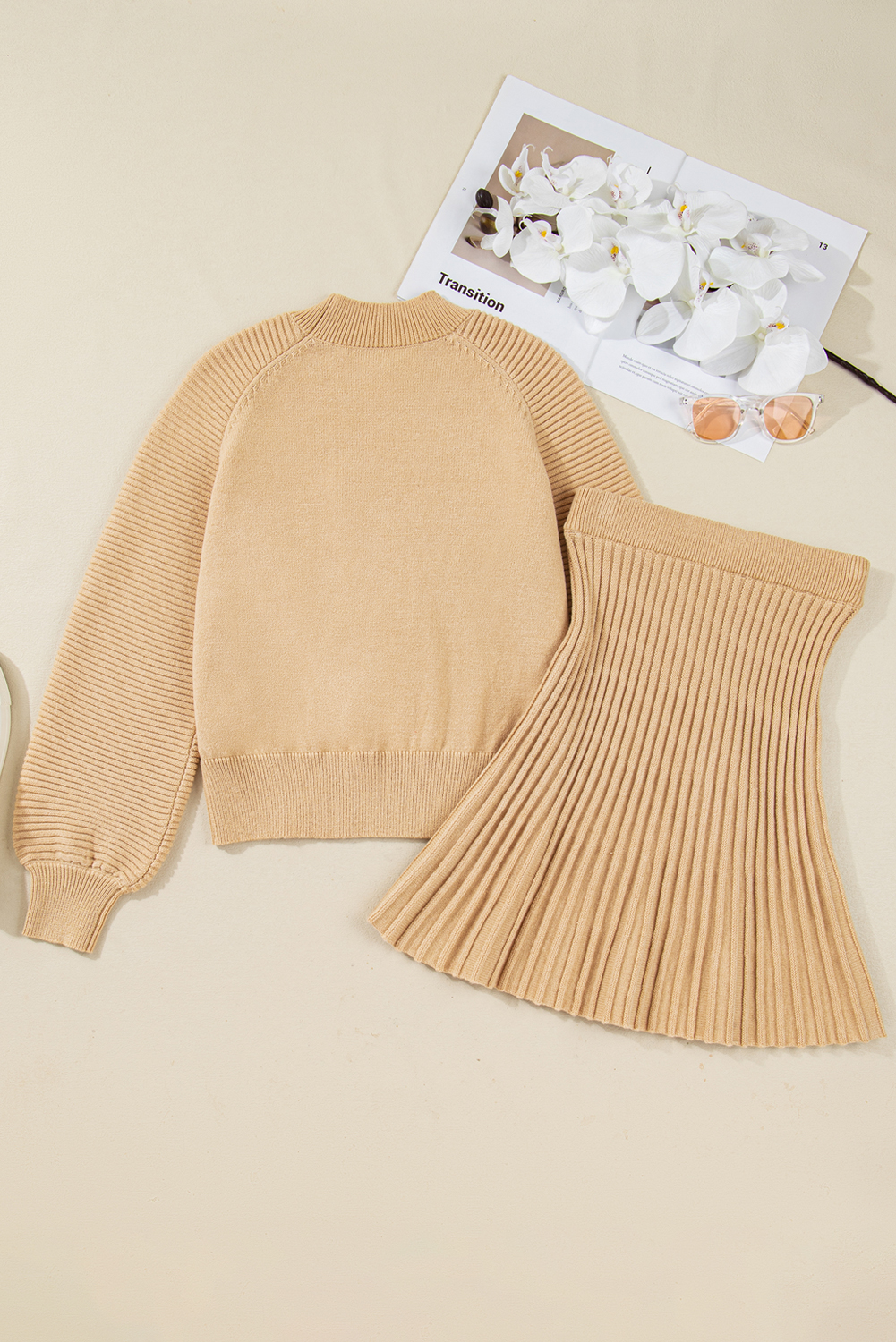 Smoke Gray High Neck Puff Sleeve Sweater Pleated Mini Skirt 2pcs Knitted Outfit view 12