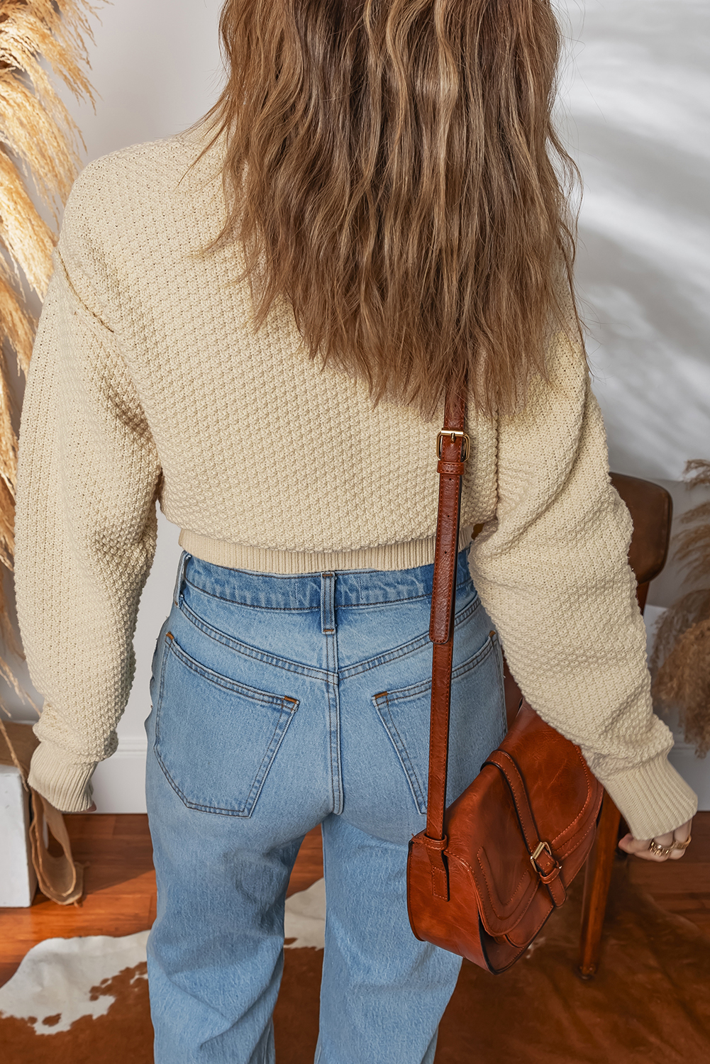 Beige Button Front Cropped Cardigan Sweater view 2