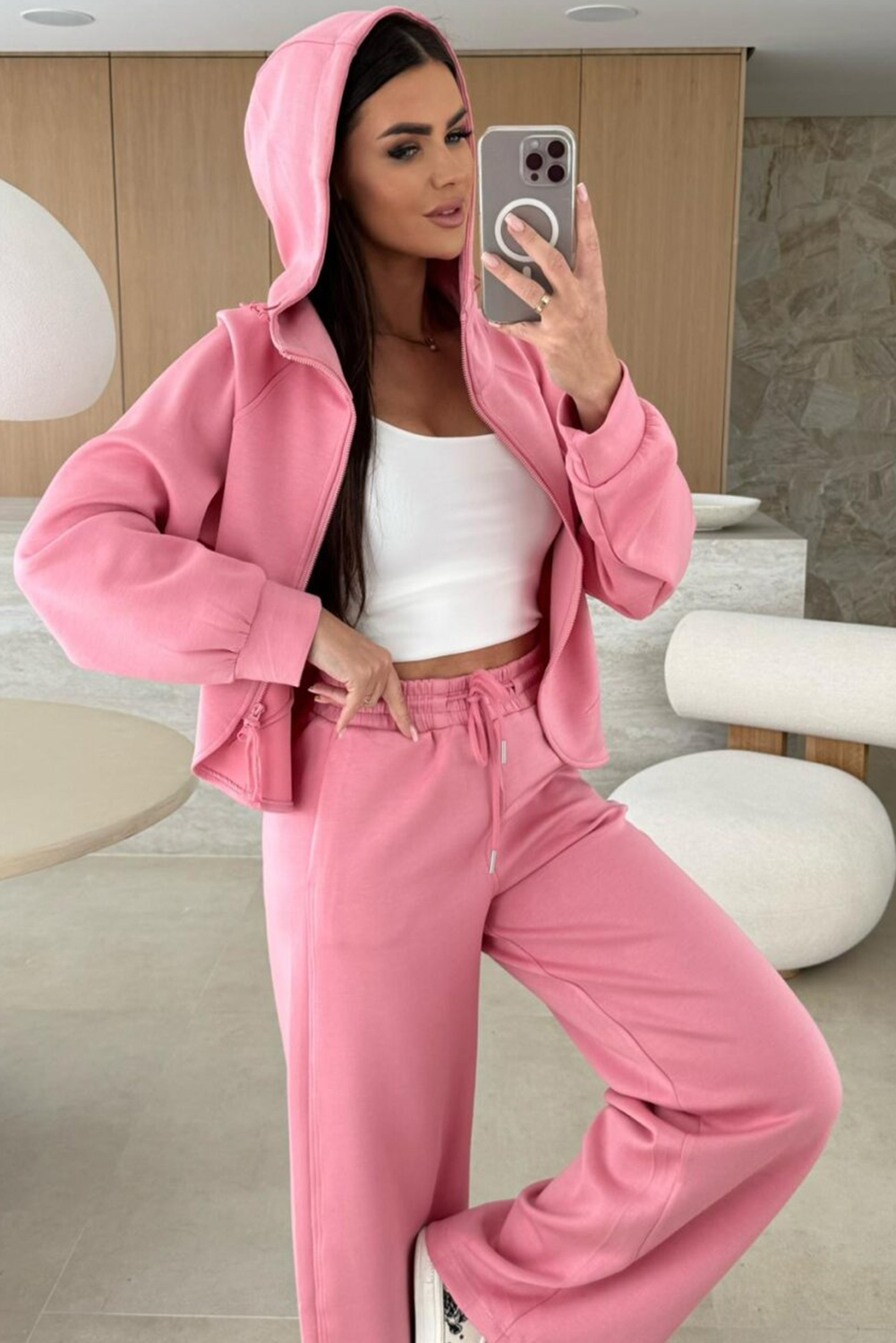 Pink Solid Color Zip Up Hoodie Drawstring Loose Pants Set view 2