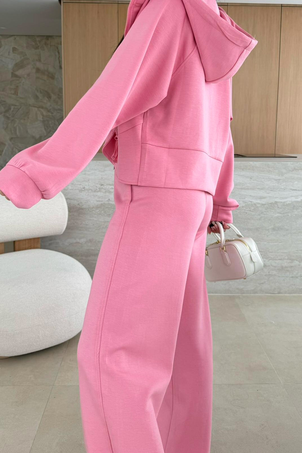 Pink Solid Color Zip Up Hoodie Drawstring Loose Pants Set view 5