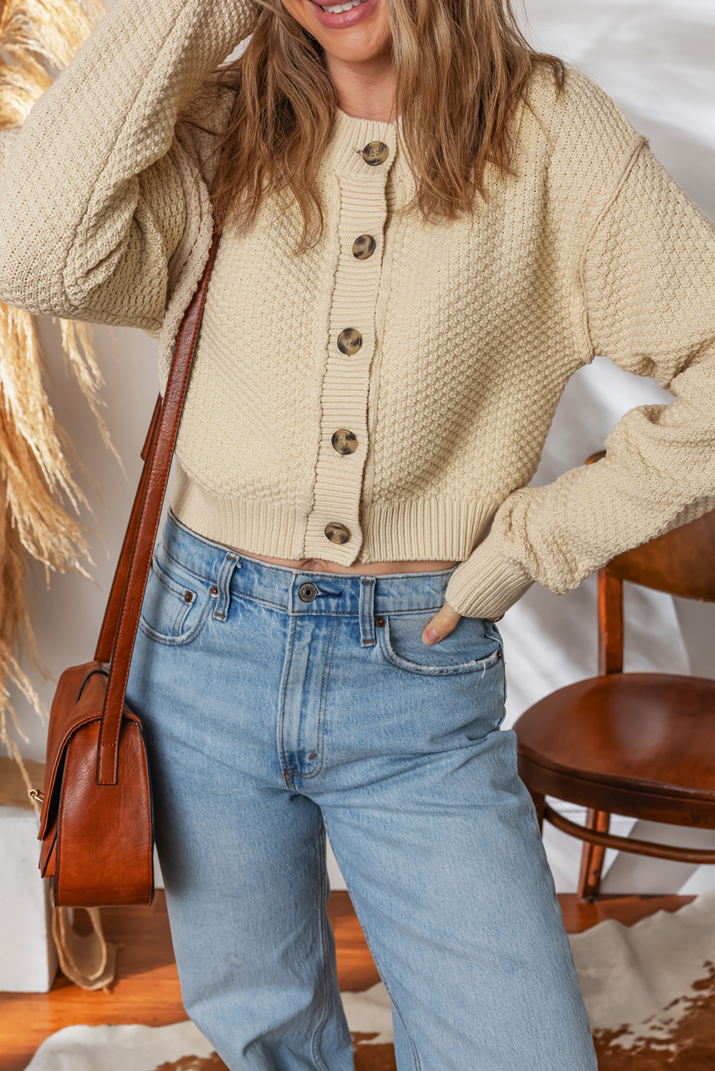Beige Button Front Cropped Cardigan Sweater view 8