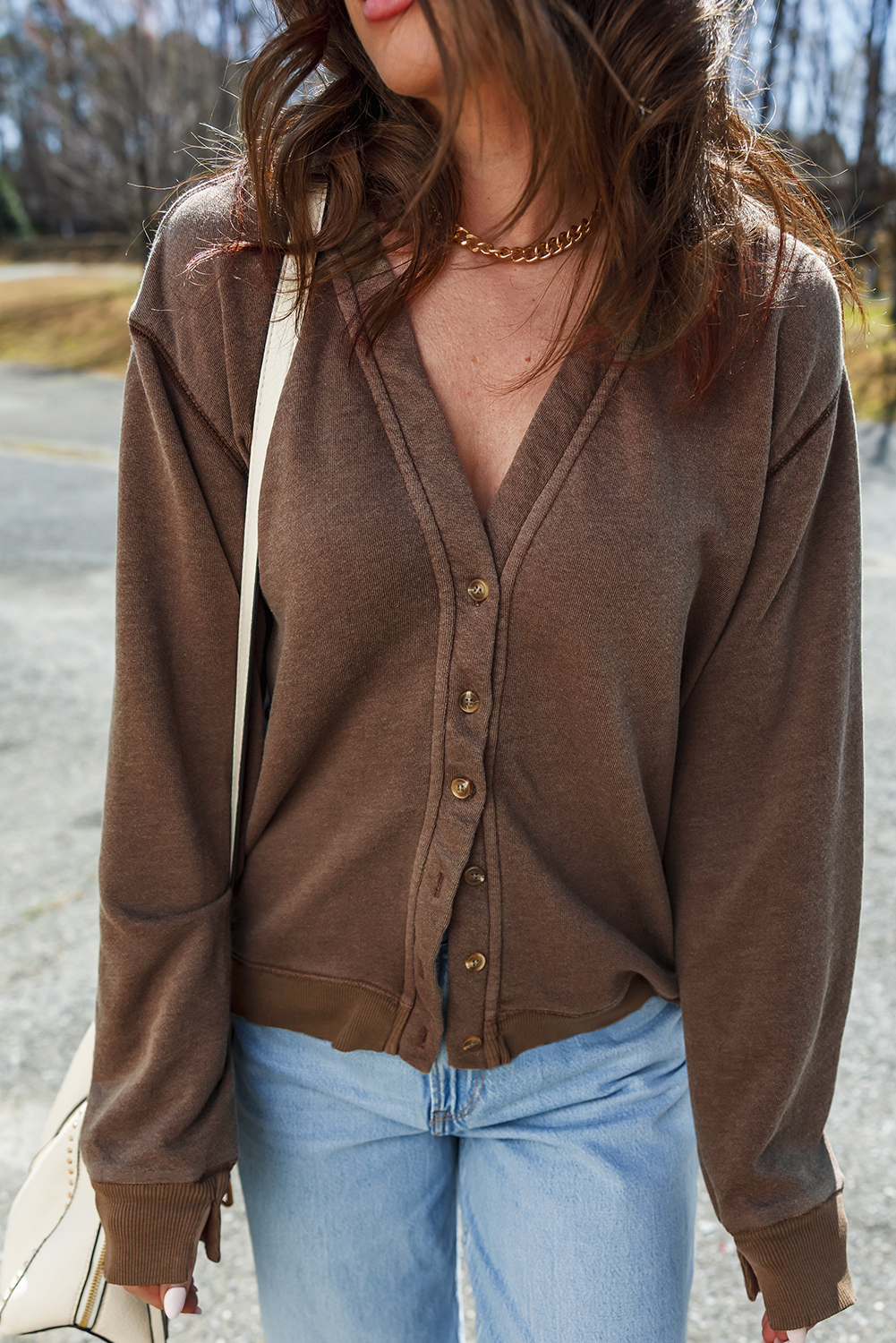 Coffee Button Front V Neck Casual Cardigan view 13