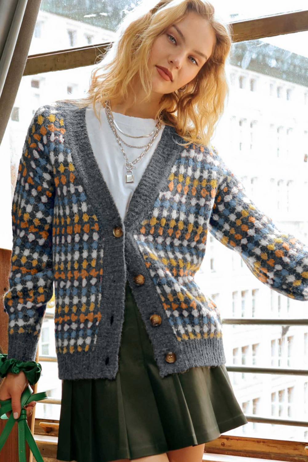 Gray Dotty Pattern Knit Button Front V Neck Sweater Cardigan view 5