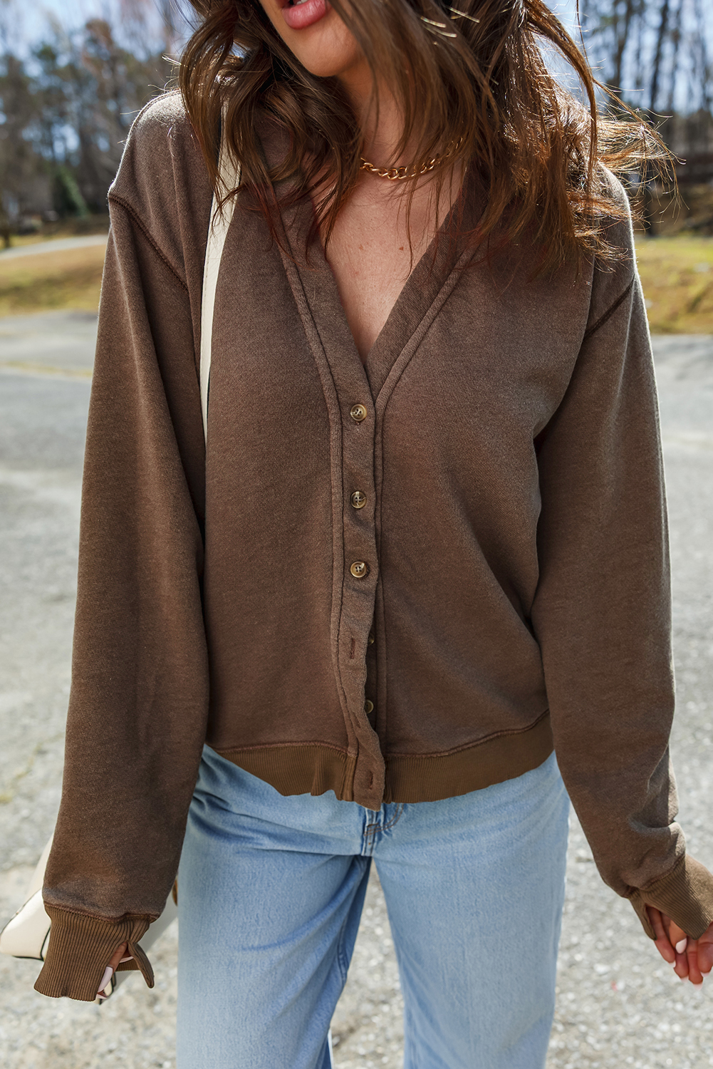 Coffee Button Front V Neck Casual Cardigan view 2