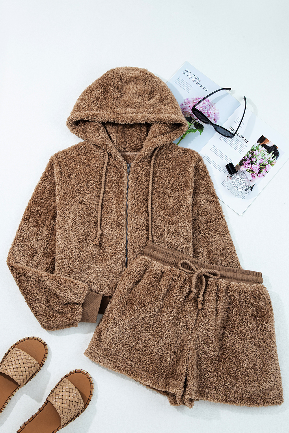 Parchment Zip Up Hoodie Drawstring Shorts Sherpa 2pcs Outfit view 8
