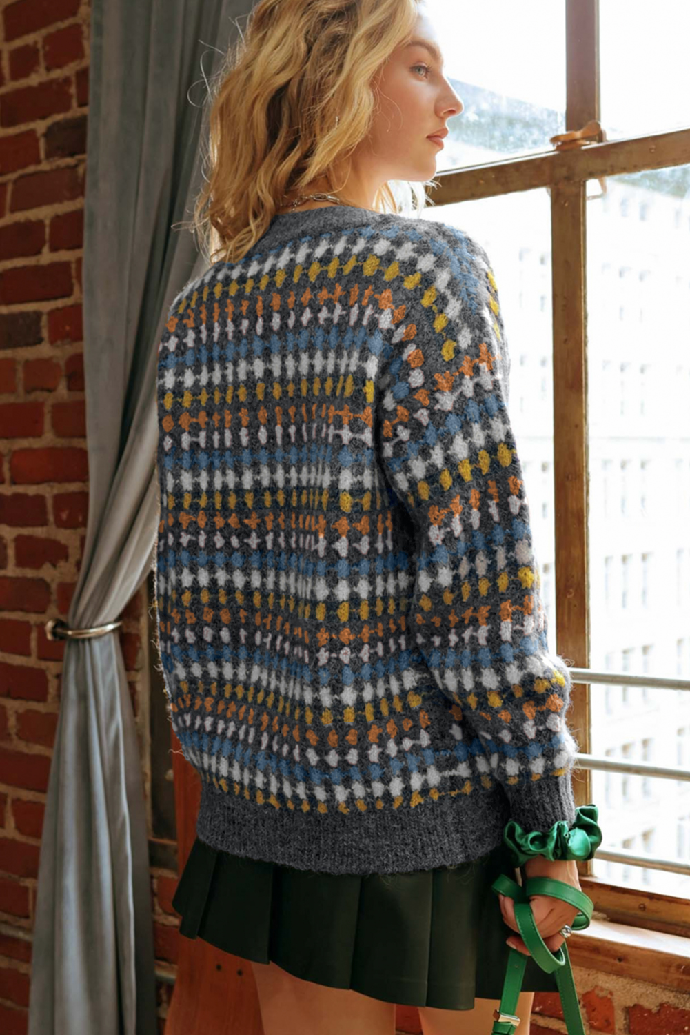 Gray Dotty Pattern Knit Button Front V Neck Sweater Cardigan view 3