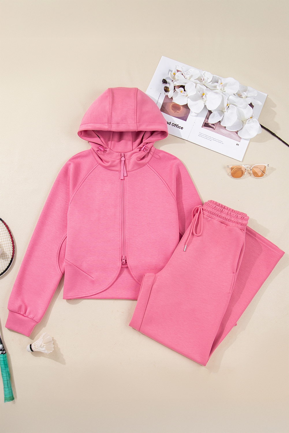 Pink Solid Color Zip Up Hoodie Drawstring Loose Pants Set view 8