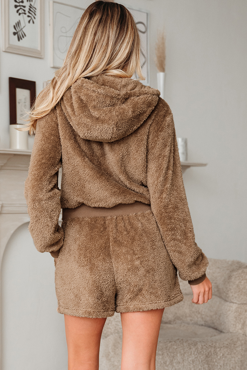 Parchment Zip Up Hoodie Drawstring Shorts Sherpa 2pcs Outfit view 2