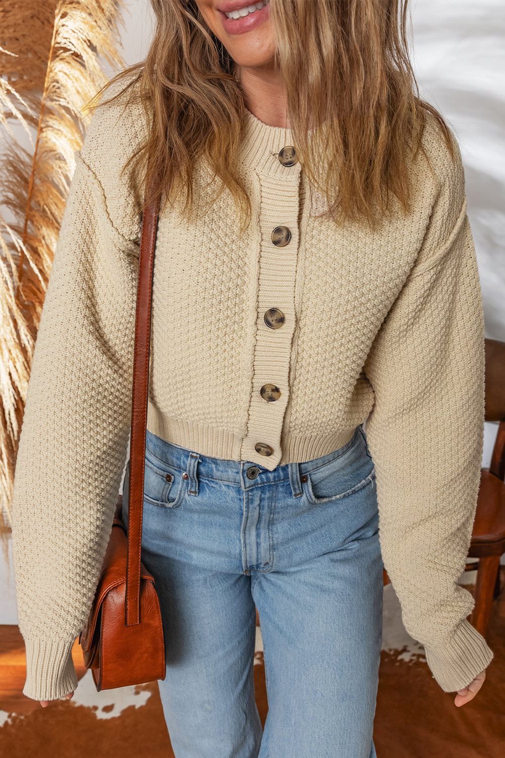 Beige Button Front Cropped Cardigan Sweater view 7