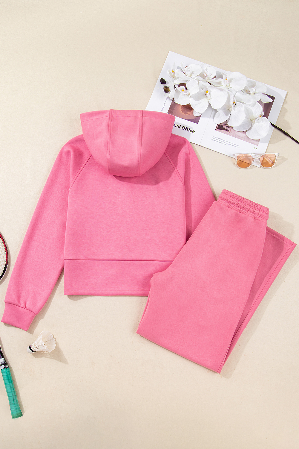 Pink Solid Color Zip Up Hoodie Drawstring Loose Pants Set view 9