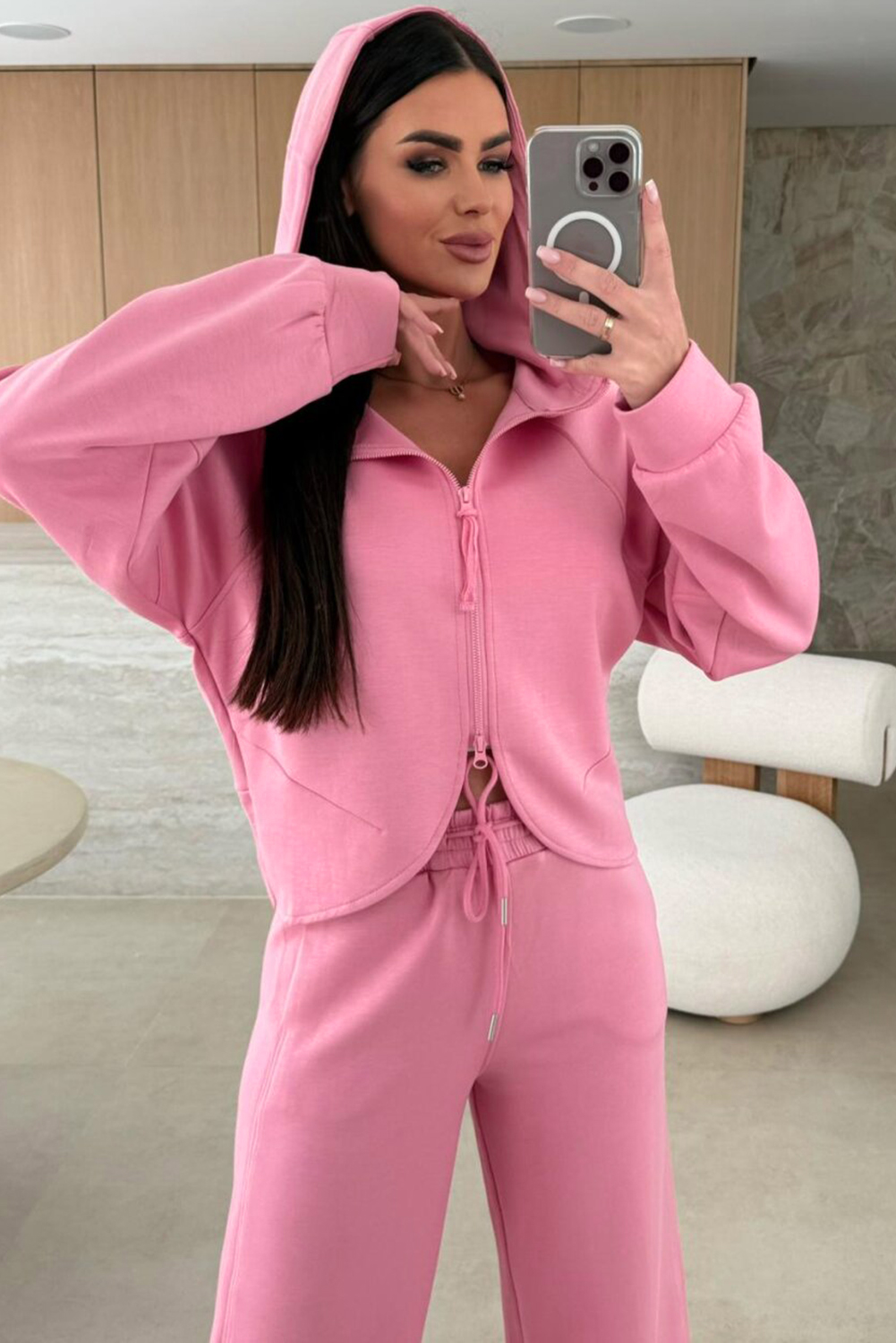 Pink Solid Color Zip Up Hoodie Drawstring Loose Pants Set view 3