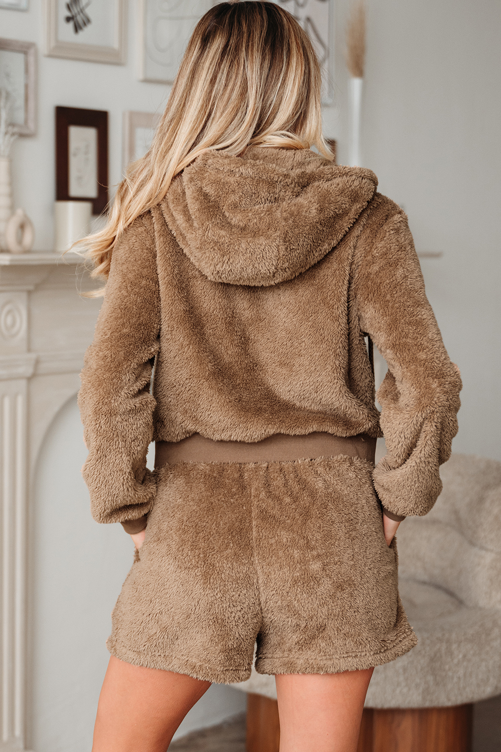 Parchment Zip Up Hoodie Drawstring Shorts Sherpa 2pcs Outfit view 5