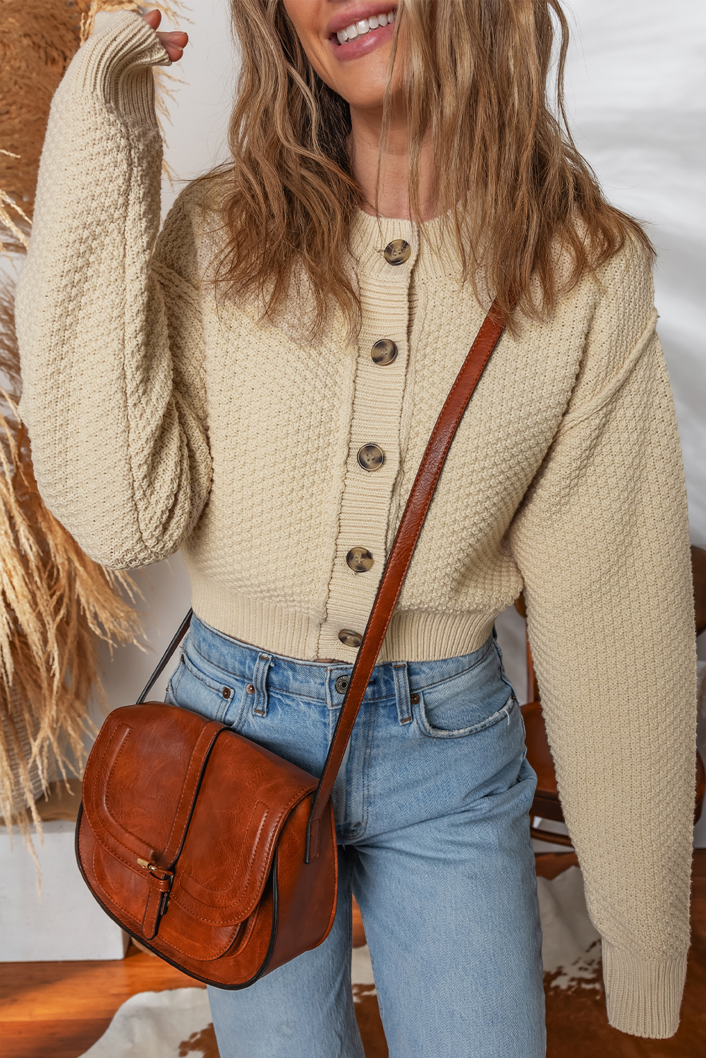 Beige Button Front Cropped Cardigan Sweater view 3