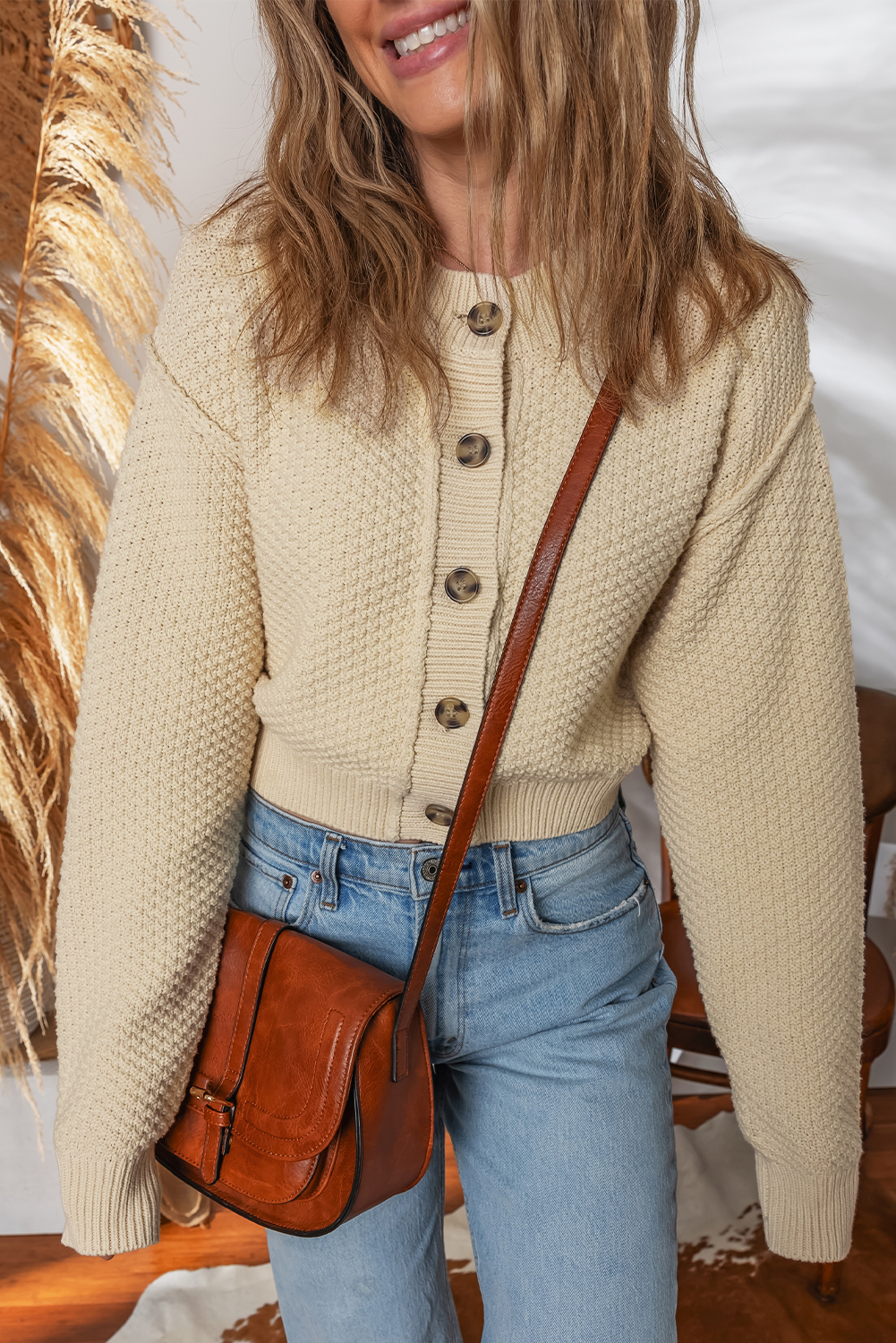 Beige Button Front Cropped Cardigan Sweater view 4