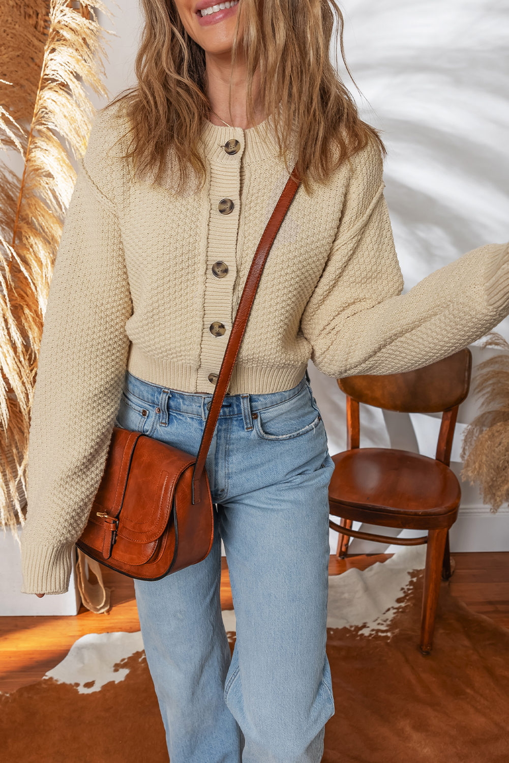 Beige Button Front Cropped Cardigan Sweater view 5