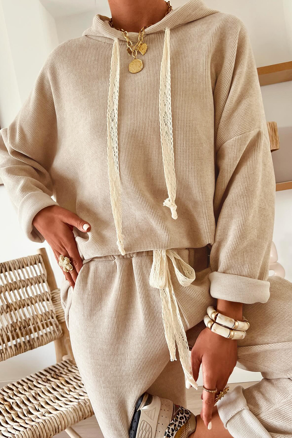 Jet Stream Lace Drawstring Pullover Hoodie and High Waist Pants Corduroy Suit view 12