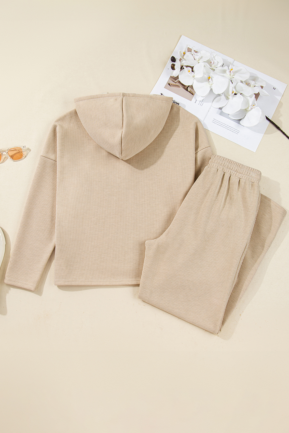 Jet Stream Lace Drawstring Pullover Hoodie and High Waist Pants Corduroy Suit view 14