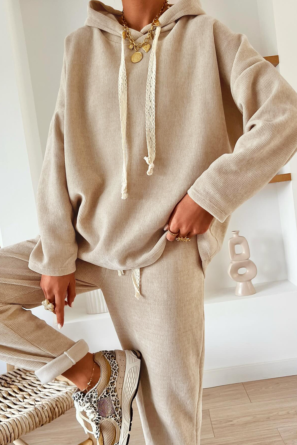 Jet Stream Lace Drawstring Pullover Hoodie and High Waist Pants Corduroy Suit view 11