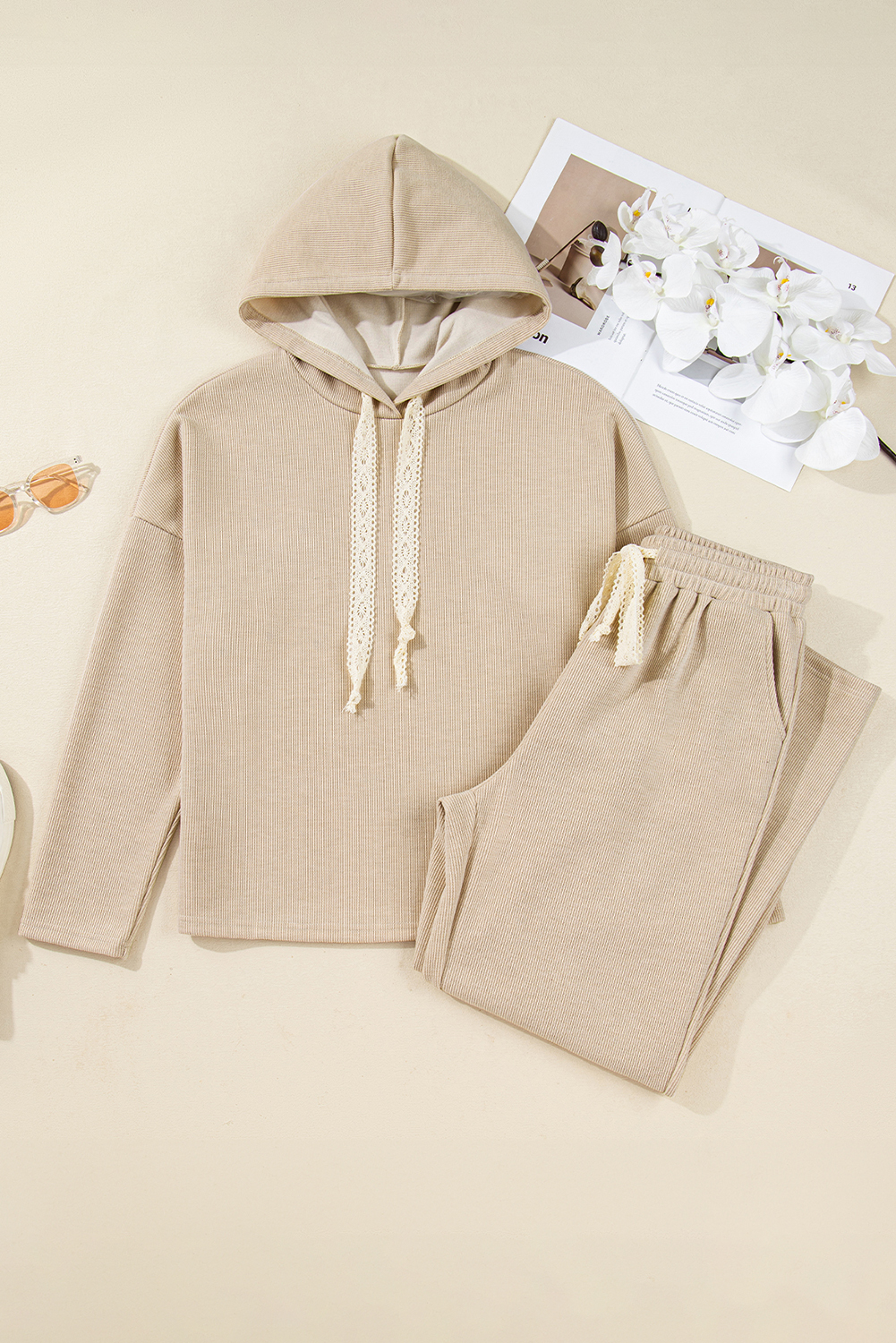 Jet Stream Lace Drawstring Pullover Hoodie and High Waist Pants Corduroy Suit view 13