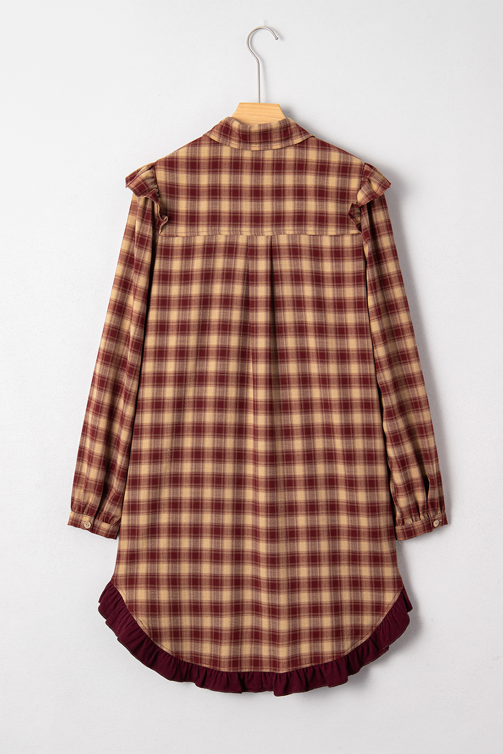 Red Plaid Print Ruffled Long Sleeve Patchwork Hem Mini Shirt Dress view 20