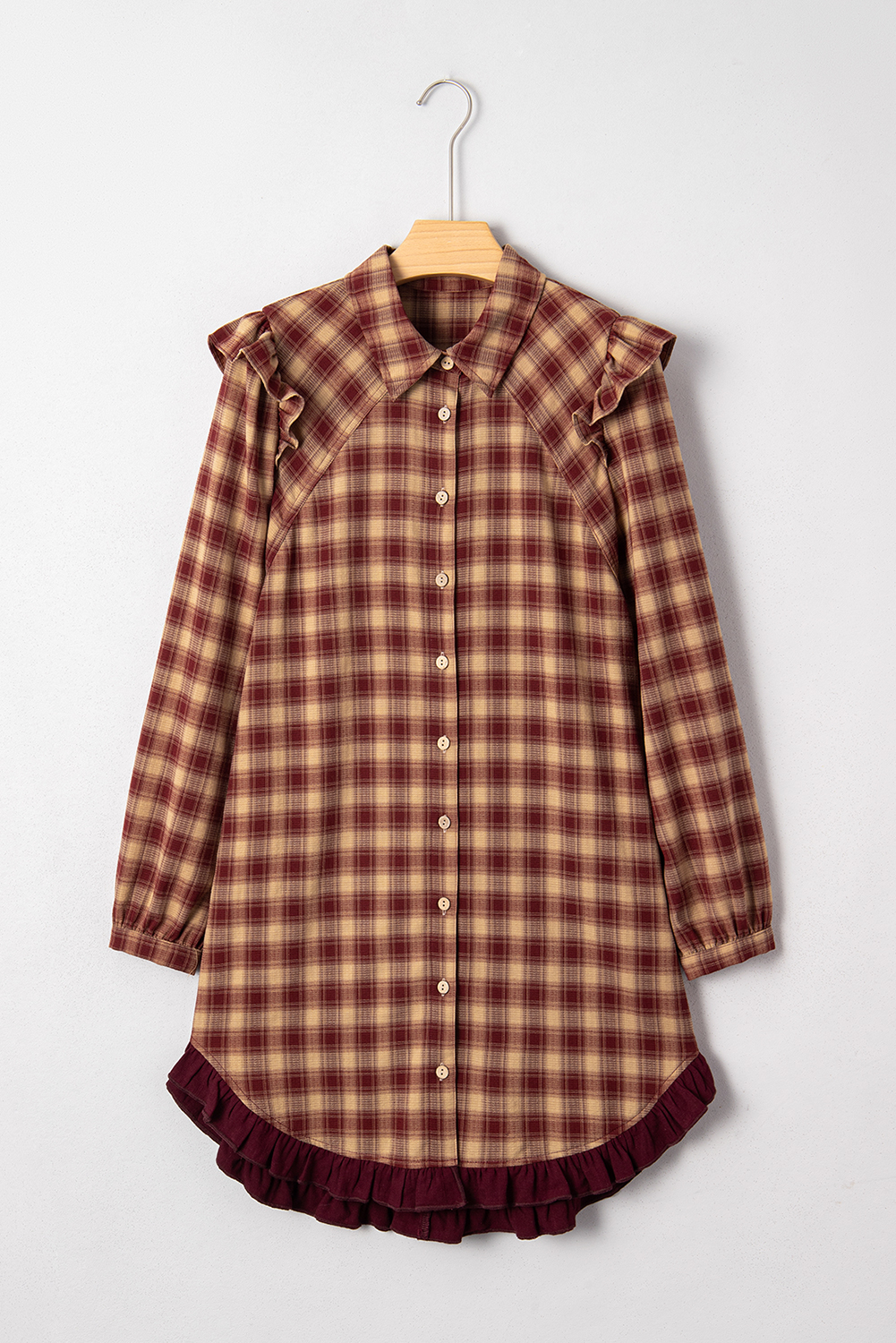 Red Plaid Print Ruffled Long Sleeve Patchwork Hem Mini Shirt Dress view 19