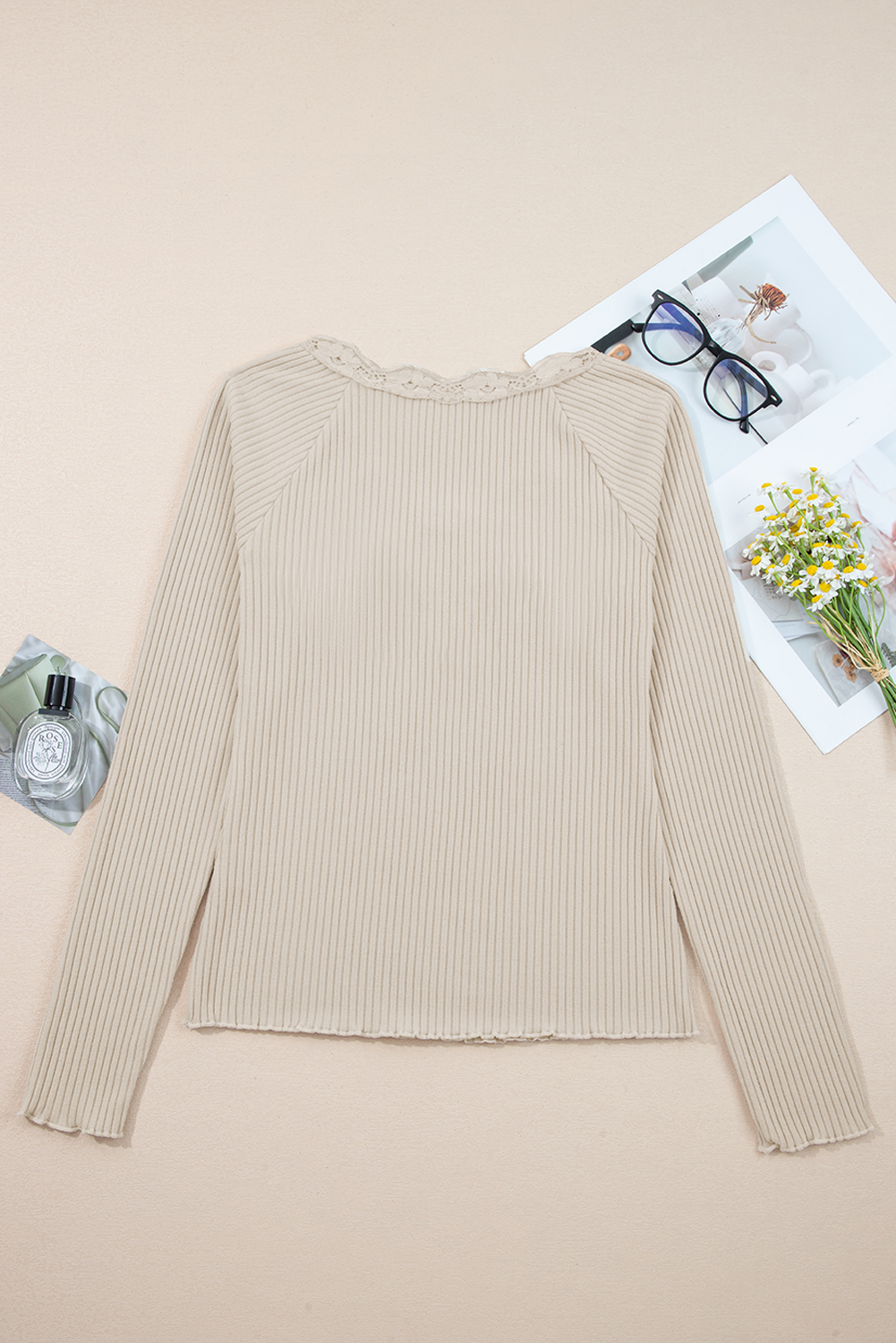 Beige Lace Neckline Button Decor Lettuce Edge Long Sleeve Ribbed Top view 18
