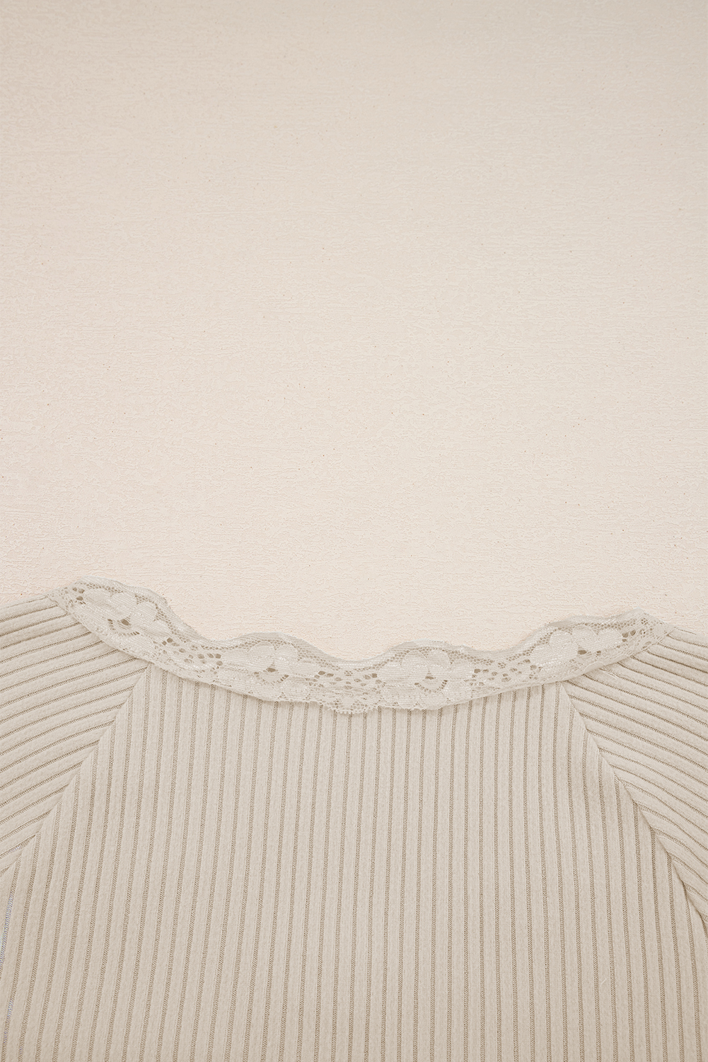 Beige Lace Neckline Button Decor Lettuce Edge Long Sleeve Ribbed Top view 22