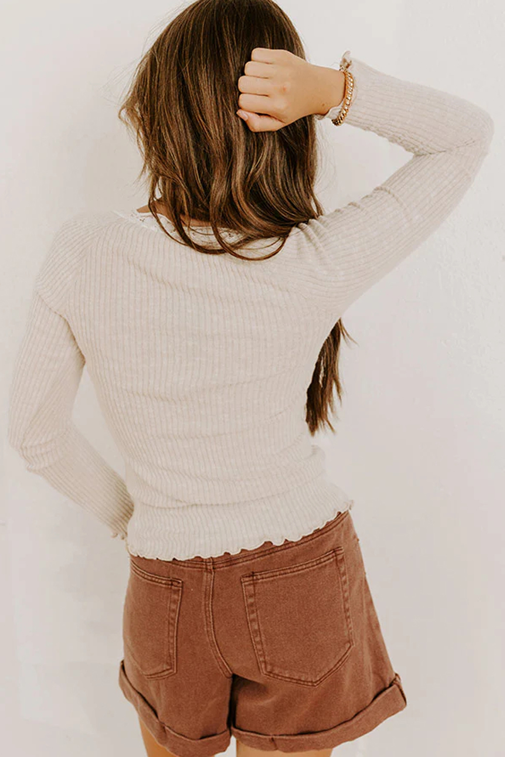 Beige Lace Neckline Button Decor Lettuce Edge Long Sleeve Ribbed Top view 11