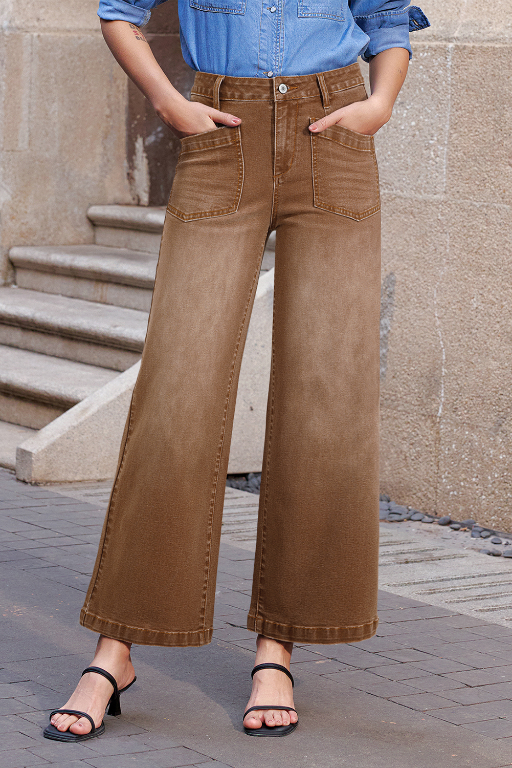 Brown Mimimalist Patch Pocket Womens Shift Jeans view 3