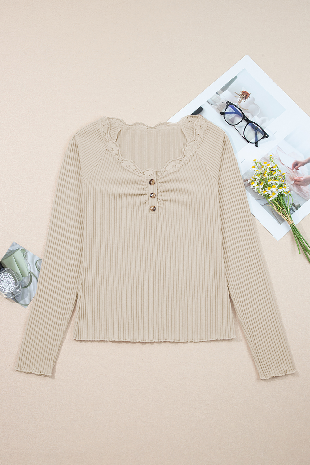 Beige Lace Neckline Button Decor Lettuce Edge Long Sleeve Ribbed Top view 17