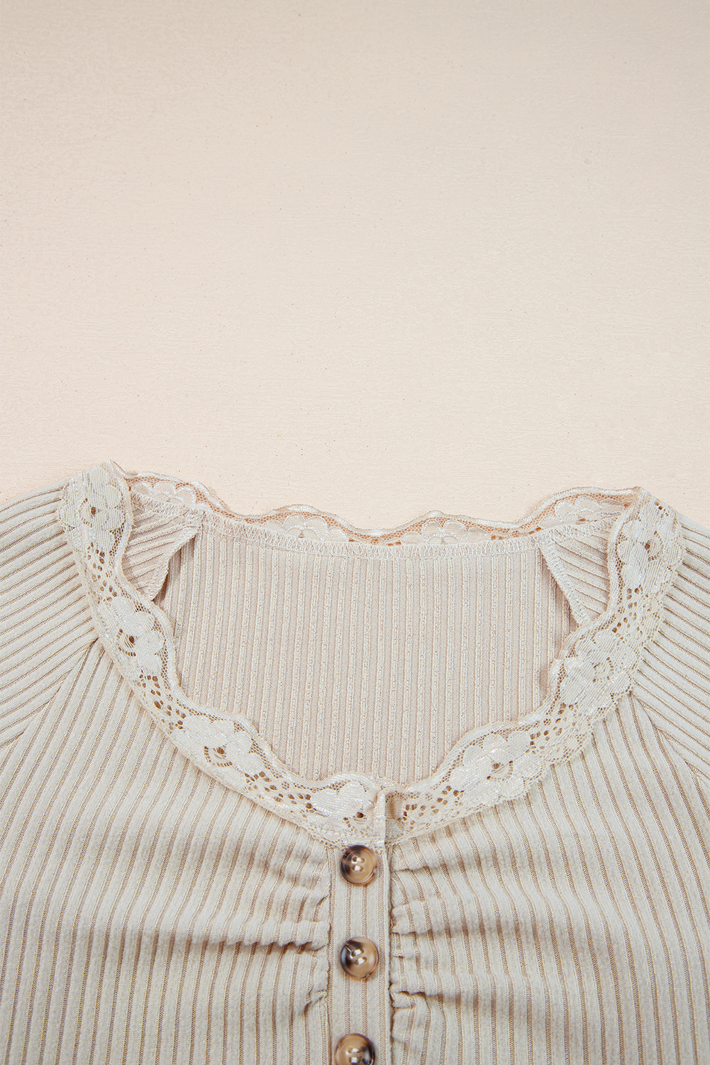 Beige Lace Neckline Button Decor Lettuce Edge Long Sleeve Ribbed Top view 19