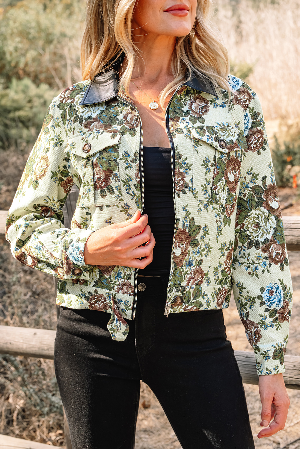 Khaki Floral Print Zip Up Contrast Collared Jacket view 6