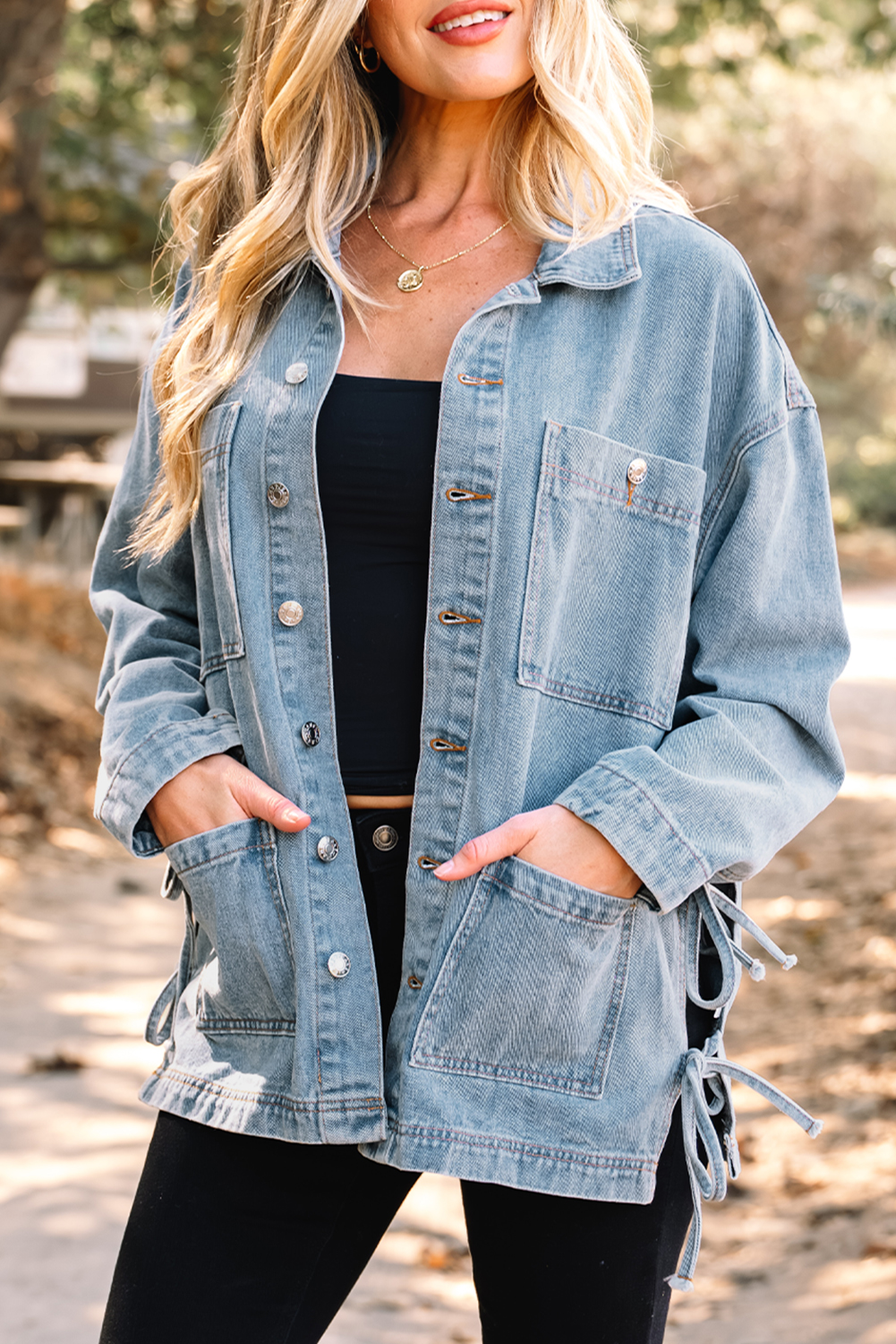 Beau Blue Multi Patched Pockets Side Tie up Boyfriend Style Denim Jacket view 7