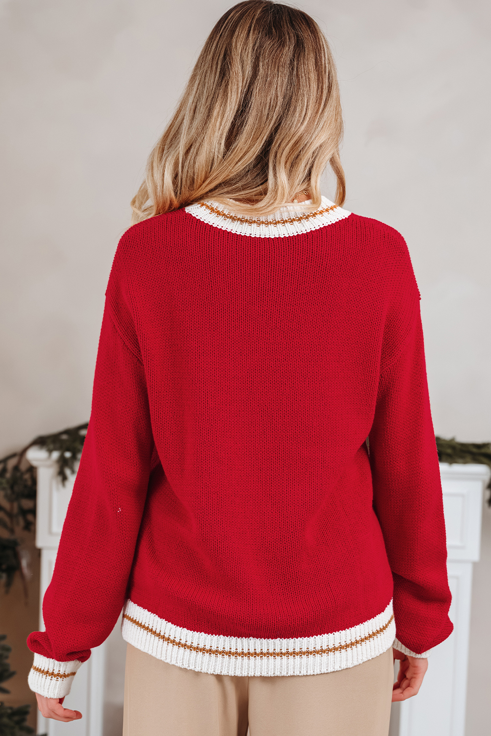 Fiery Red MERRY Color Block Edge Drop Shoulder Cozy Sweater view 2