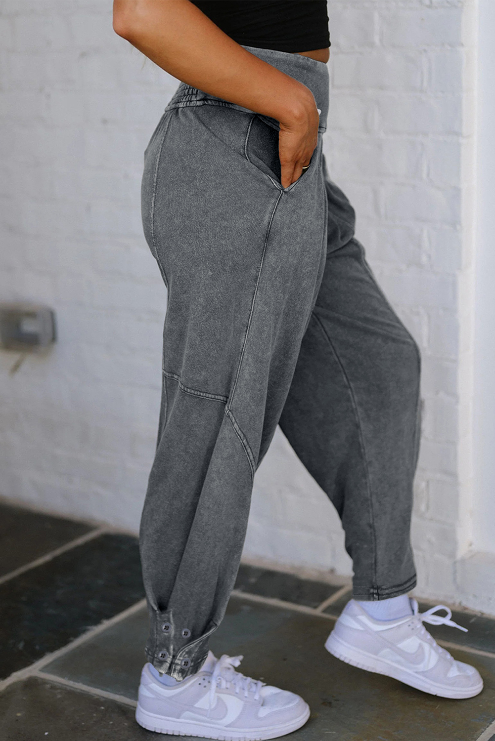 Medium Grey Mineral Wash Jogger Style High Waist Casual Pants view 3